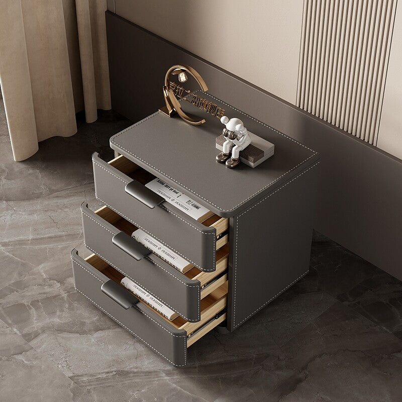 Modern 3 Drawer Nightstand with Sintered Stone Top, Gray Leather-Wrapped Bedside Table with Solid Wood Frame, Minimalist Storage Cabinet for Bedroom, Living Room and Small Spaces