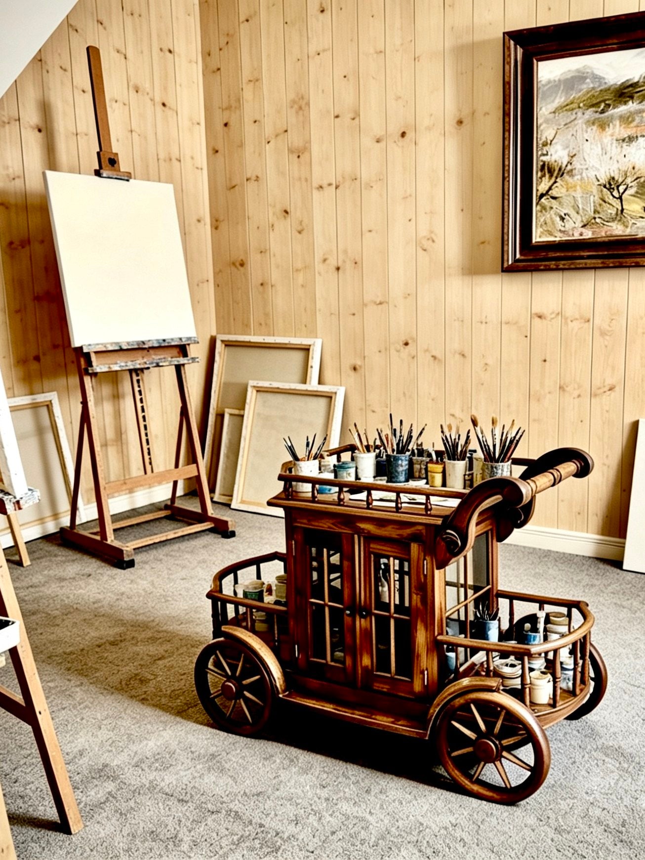 Solid Teak Rolling Bar Cart with Glass Cabinet and Bottle Racks