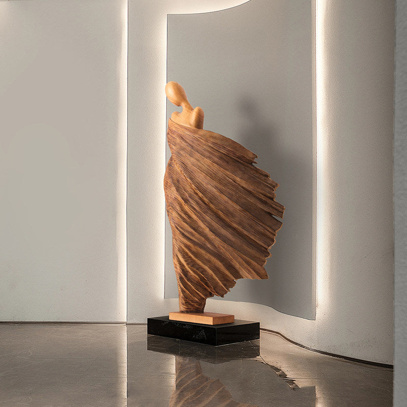 Large Abstract Female Wood Floor Sculpture, Tall Flowing Figurative Statue, Hand Carved Wooden Art Decor for Hotel Lobby, Villa, Clubhouse, Entryway, Living Room and Gallery