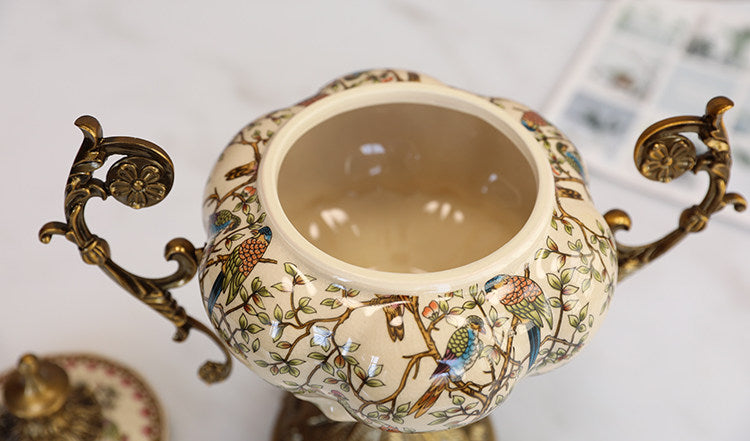 Ceramic Decorative Jar with Lid, Bird Floral Design and Ornate Metal Handles