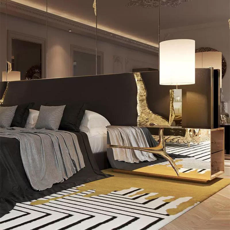 Silver Mirrored Nightstand with Gold Branch Accent for Bedroom