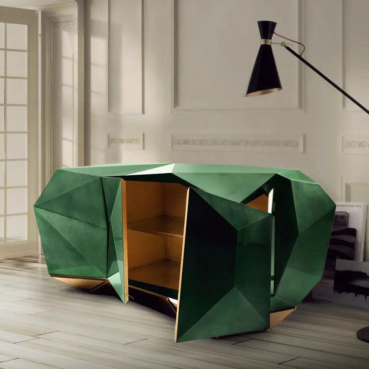 Emerald Green Geometric Sideboard Cabinet with Gold Interior and 3 Doors