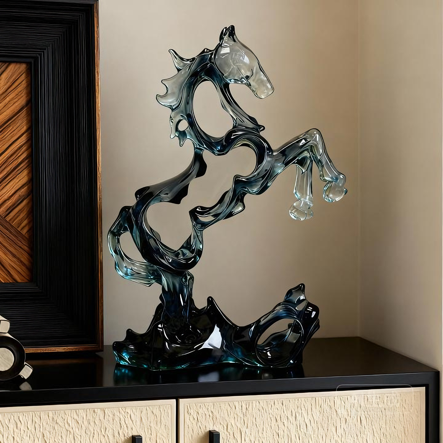 Transparent Blue Rearing Horse Statue, Abstract Openwork Animal Sculpture on Integrated Rock-Style Base for Living Room, Office, Bookshelf, TV Console and Entryway Décor