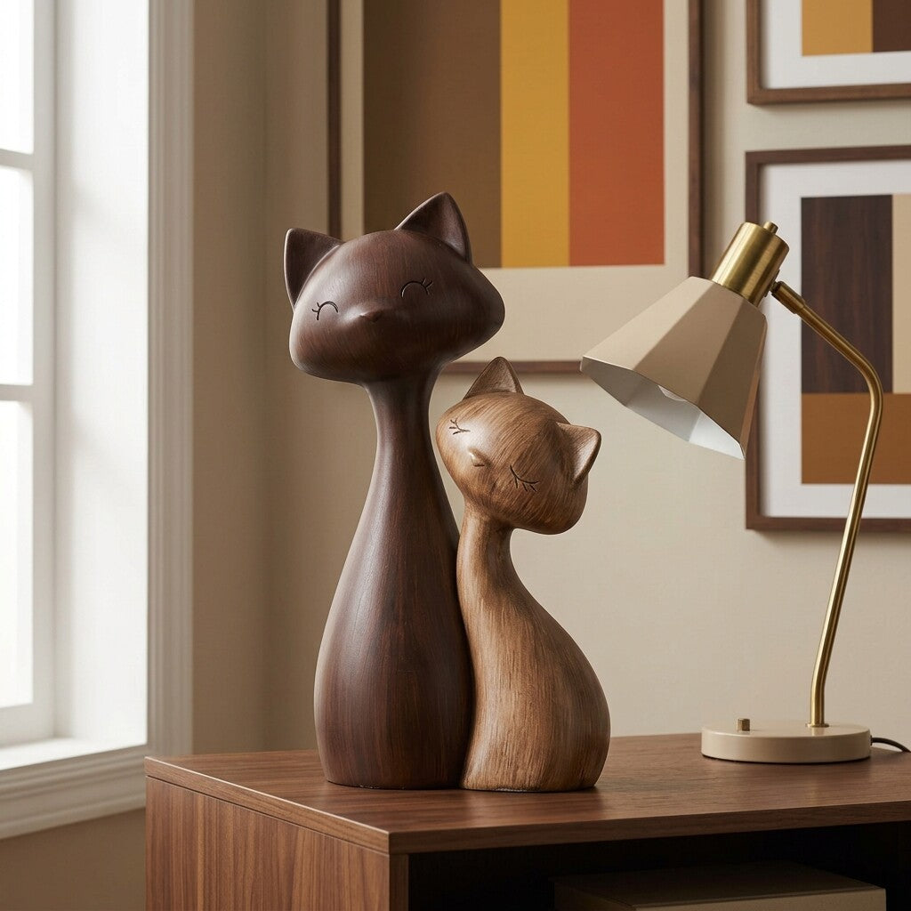 Brown Cat Couple Figurine Set, Faux Wood Grain Shelf and Table Decor