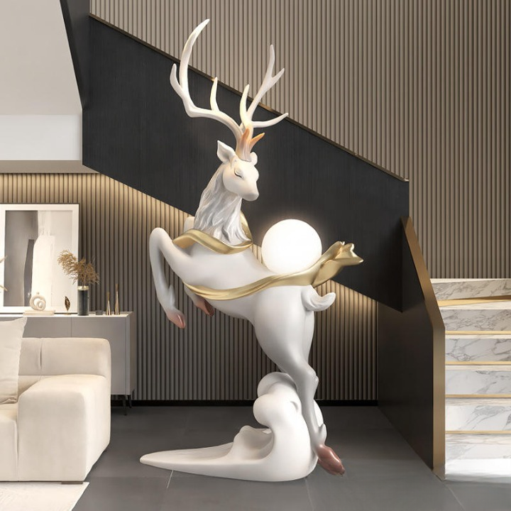 Light Gray Resin Deer LED Floor Lamp with Globe Shade