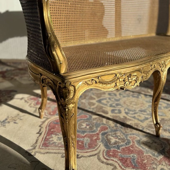Antique Gold Carved Wood 3-Seat Cane Sofa with Fabric Back