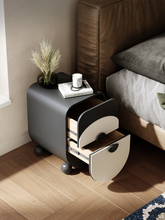 Modern Rounded Nightstand with Drawer, Black and Cream Bedside Table with Ball Feet, Lacquered Wood Accent Cabinet, Compact End Table for Bedroom, Living Room, Small Spaces