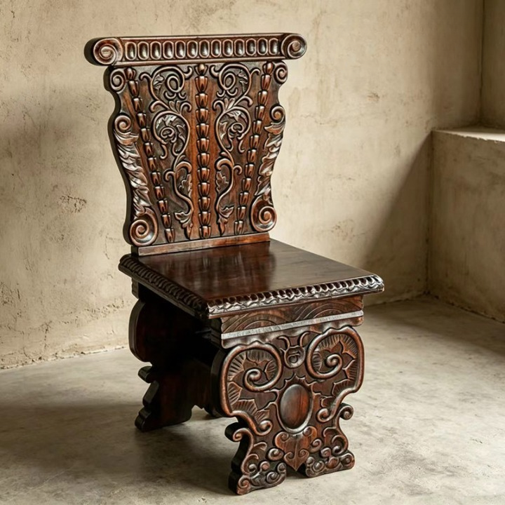 Hand-Carved Solid Wood High Back Dining Chair, Ornate Double-Sided Carved Accent Side Chair with Sculptural Legs and Brown Finish for Dining Room, Living Room or Entryway