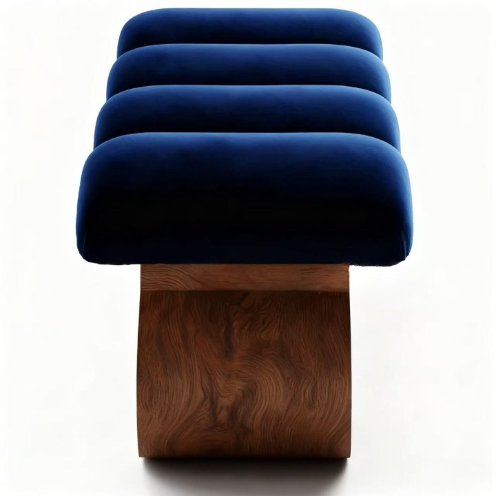 Navy Blue Upholstered Accent Bench with Sculptural Solid Wood Legs