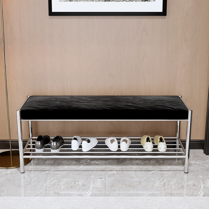 Stainless Steel Shoe Bench with Padded Black Chenille Seat, 31.5-Inch Entryway Bench with Lower Shoe Storage Rack for Hallway, Bedroom, Closet or Foyer
