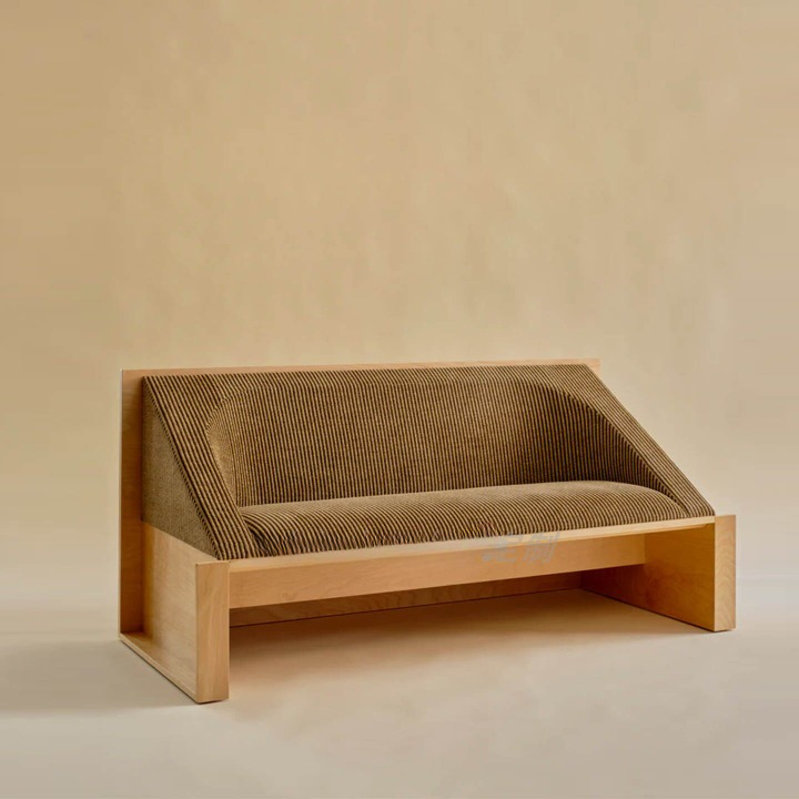 Modern 2 Seater Brown Corduroy Sofa, Minimalist Wood Frame Loveseat, Wabi Sabi Low Profile Couch for Living Room, Bedroom, Hotel Lobby, Office, Lounge, Reception Area