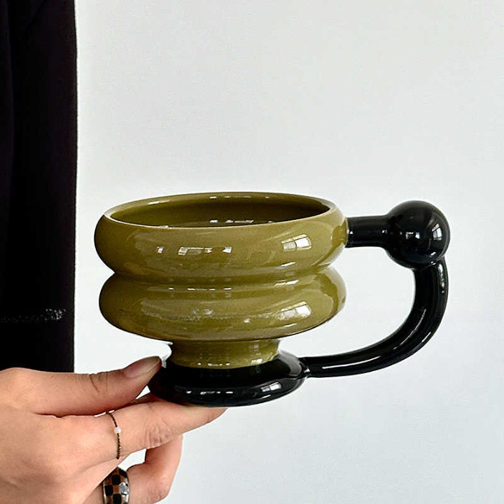 Green and Black Ceramic Coffee Mug with Sculptural Handle Gift Box