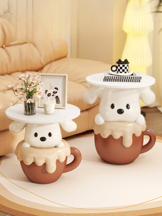 Brown and Cream Resin Teacup Puppy Side Table with Round White Wood Top, Cute Cartoon Accent End Table and Bedside Stand for Bedroom, Living Room, Kids Room and Nursery