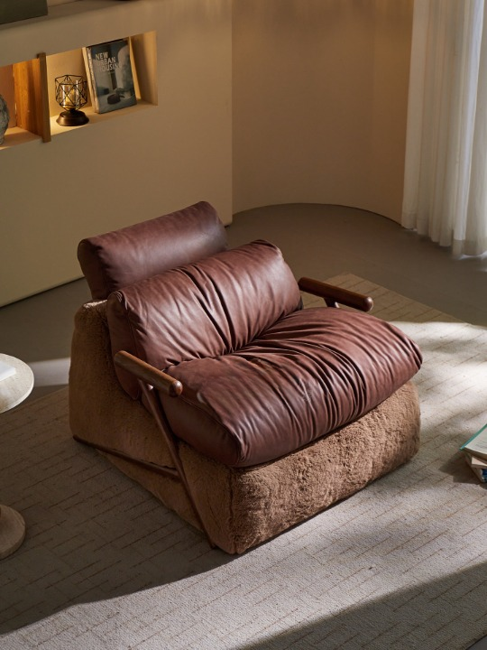 Brown Leather Lounge Chair, Oversized Single Sofa Chair with Faux Fur Base and Solid Wood Arms for Living Room, Bedroom, Reading Nook and Lounge