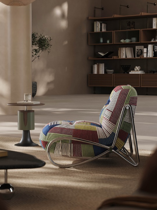 Bauhaus Patchwork Accent Chair, Modern Upholstered Lounge Chair with Metal Sled Base, Armless Single Sofa Chair for Living Room, Bedroom, Reading Nook and Balcony