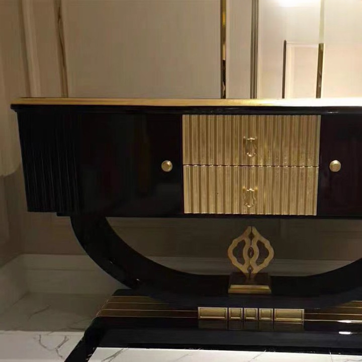 Dark Brown Entryway Cabinet with 2 Doors, 2 Drawers and Gold Accents