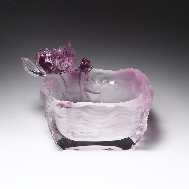 Pink Lotus Art Glass Trinket Dish, Decorative Key and Jewelry Tray