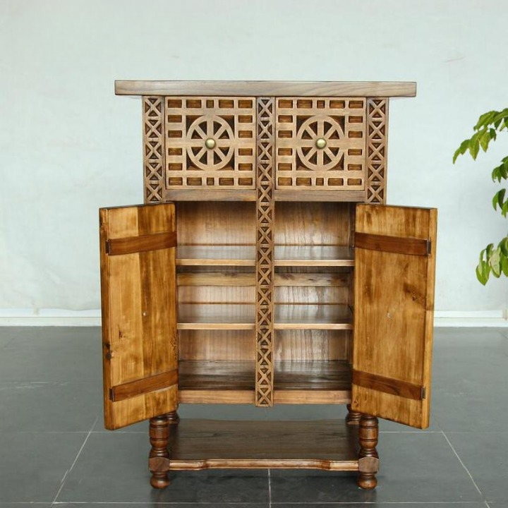 Hand-Carved Solid Wood Entryway Cabinet, Narrow Accent Storage Cabinet with 2 Doors, 2 Drawers, Lower Shelf and Geometric Panel Design for Foyer, Hallway or Living Room