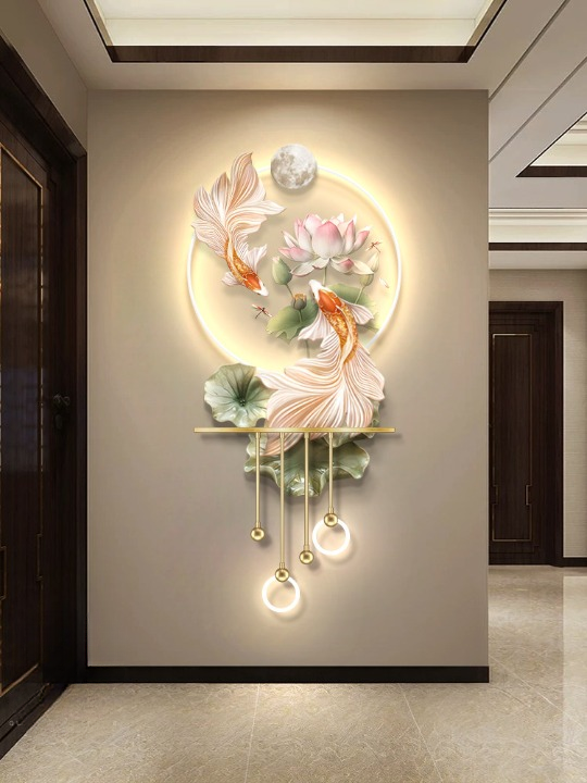 Modern Koi Fish Wall Art 27 x 57 Inch, 3D Lotus LED Lighted Wall Decor