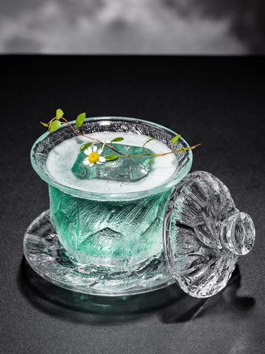 Textured Glass Gaiwan Tea Cup with Lid and Saucer, 5.3 oz