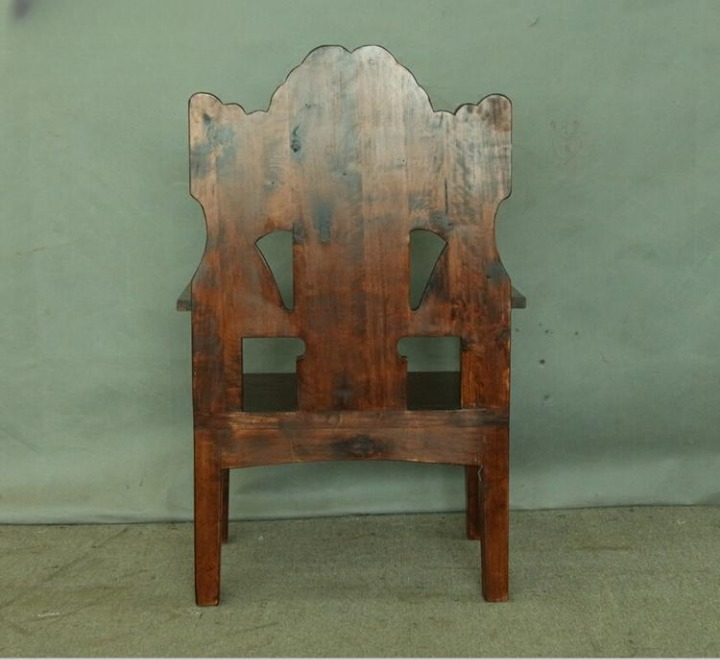 Hand-Carved Solid Elm Wood Dining Chair with Arms, Tall Back Accent Armchair, Ornamental Sculpted Backrest Side Chair for Dining Room, Living Room or Reception Area, Brown Wood Finish
