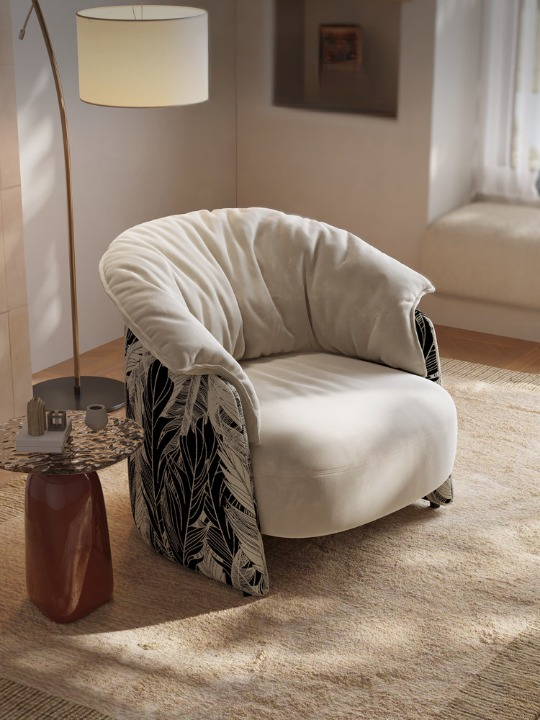 Oversized Cream Accent Chair, Modern Upholstered Lounge Chair with Black Botanical Pattern Sides, Wide Barrel Style Armchair for Living Room, Bedroom, Reading Nook, Apartment, Hotel Lobby