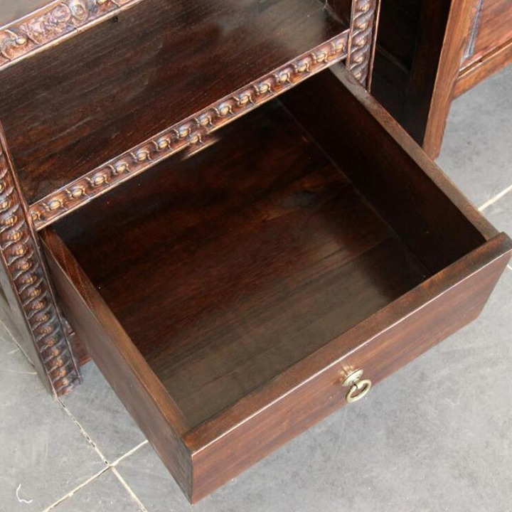 Solid Elm Wood Nightstand with Drawer and Open Shelf, Carved Bedside Table with Ring Pull, Light Natural Wood End Table for Bedroom, Living Room or Guest Room