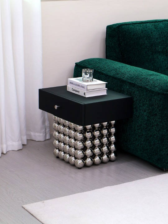Black Nightstand with Stainless Steel Sphere Base and Drawer