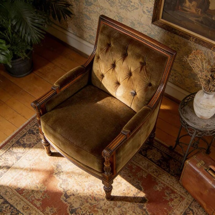 Brown Velvet Tufted Accent Chair with Carved Solid Wood Frame