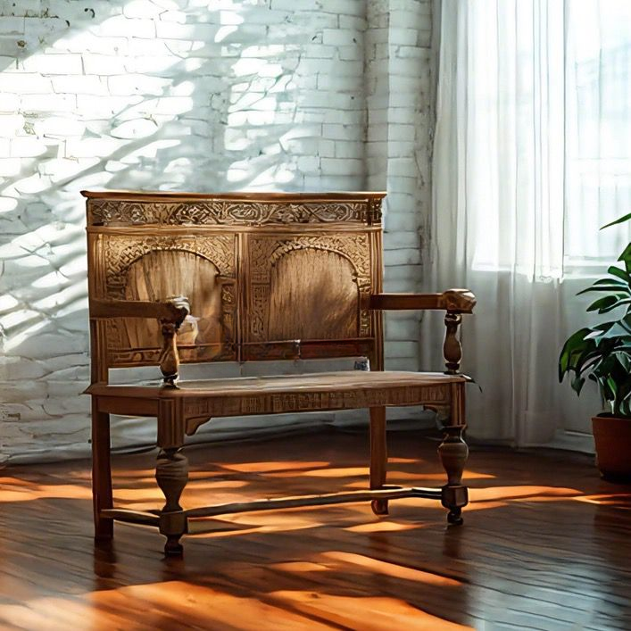 Dark Brown Solid Wood 2-Seat Carved Loveseat Bench