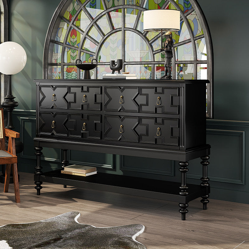 Black Solid Wood Console Cabinet with 8 Geometric Drawers, Entryway Storage Table with Turned Legs and Lower Shelf, Decorative Sideboard for Foyer, Living Room or Dining Room