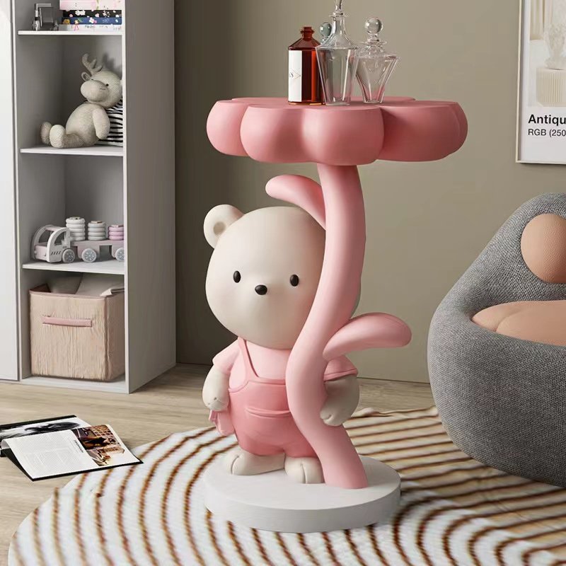 Pink Resin Bear Side Table, Round Floral Top Accent End Table, Cute Cartoon Pedestal Bedside Table for Living Room, Sofa Side, Bedroom, Nursery and Kids Room