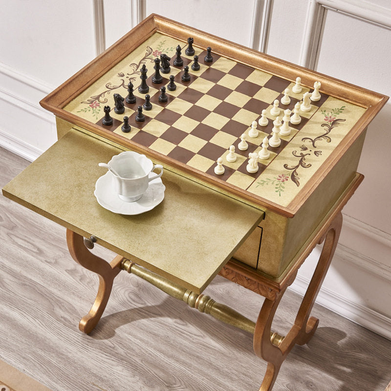 Vintage Painted Wood Chess Table with Drawer and Pull-Out Trays
