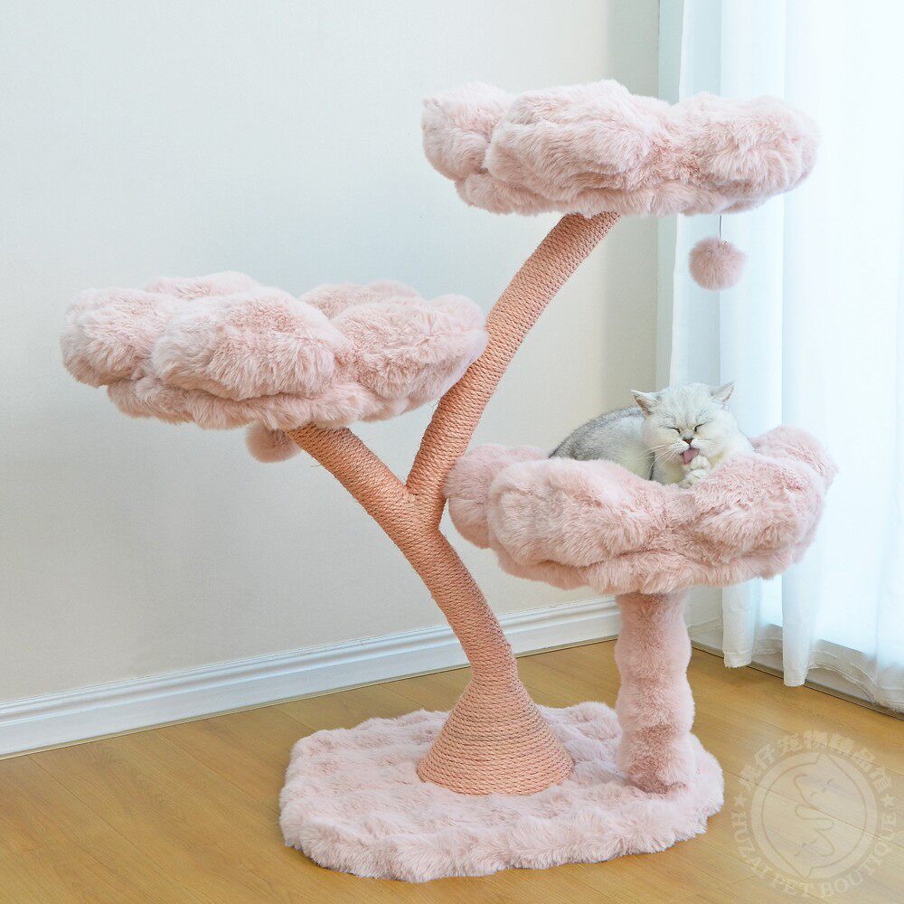 Pink Flower Cat Tree for Indoor Cats, Plush Multi-Level Cat Tower with 3 Petal Perches, Sisal Scratching Posts, Dangling Pom Pom Toy and Soft Base, Cute Cat Climbing Tree