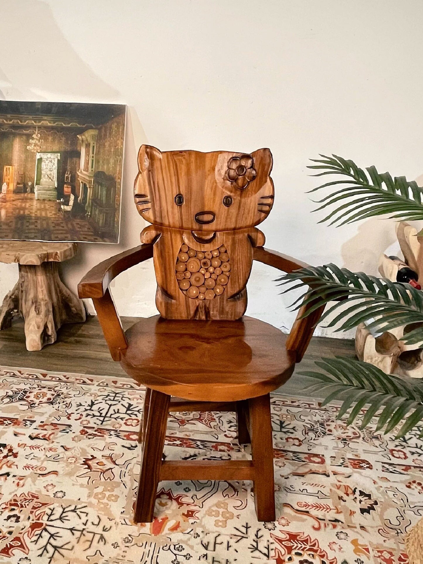 Solid Wood Cat Armchair with Carved Backrest, Walnut Brown