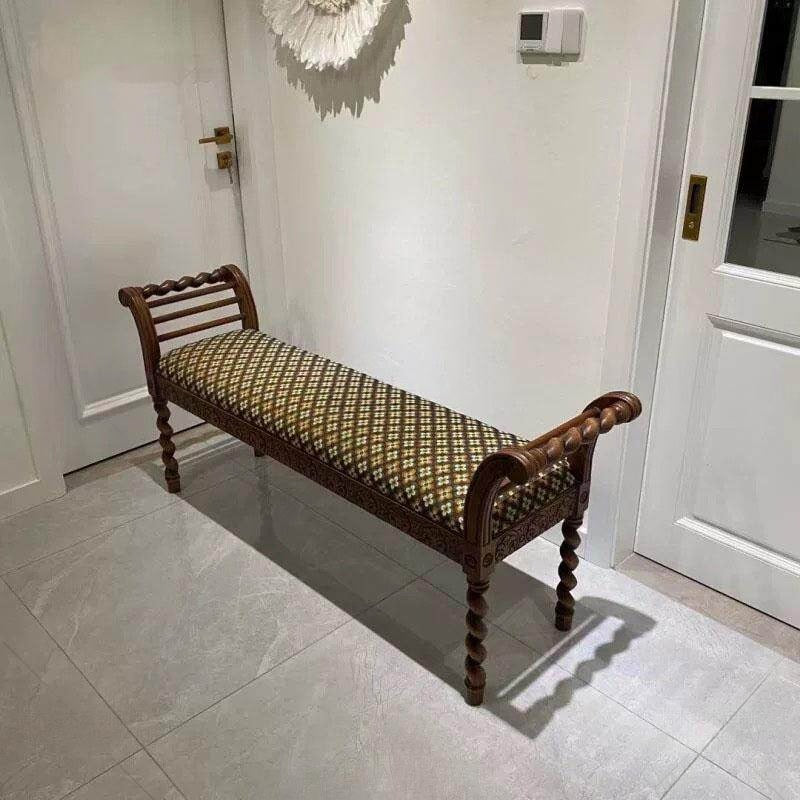 French Vintage Upholstered Bedroom Bench, Solid Wood End of Bed Bench with Jacquard Fabric Seat, Carved Entryway Shoe Bench, Living Room Accent Bench, Hallway Ottoman Bench