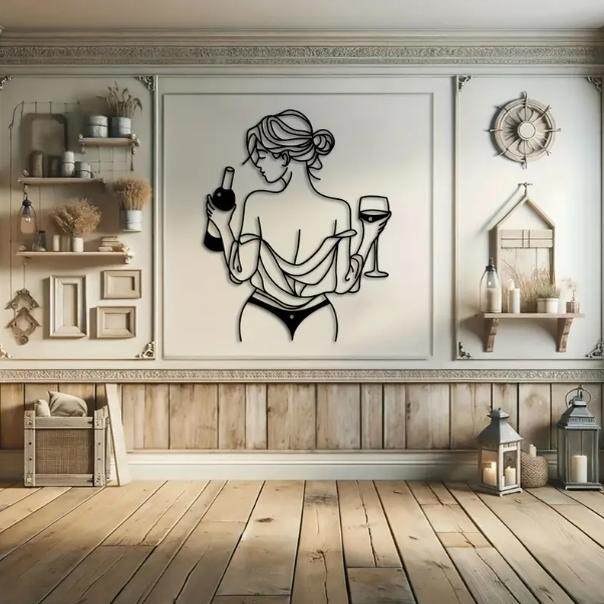 Black Metal Female Silhouette Wall Art, Minimalist Woman with Wine Bottle and Glass Line Art Wall Decor, Modern Metal Wall Hanging for Bedroom, Living Room, Dining Room, Bar