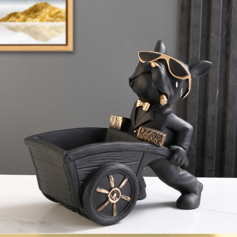 Black and Gold Bulldog Push Cart Key Holder Statue, Decorative Dog Catchall Tray with Detachable Sunglasses for Entryway, Shoe Cabinet, Console Table, Living Room and Office Desk
