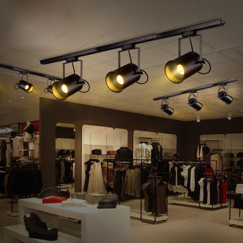 Industrial Black 3 Light Track Lighting Kit, Adjustable LED Ceiling Spotlights with Metal Cylinder Heads, Vintage Loft Track Rail Light for Bar, Restaurant, Cafe, Clothing Store, Hallway