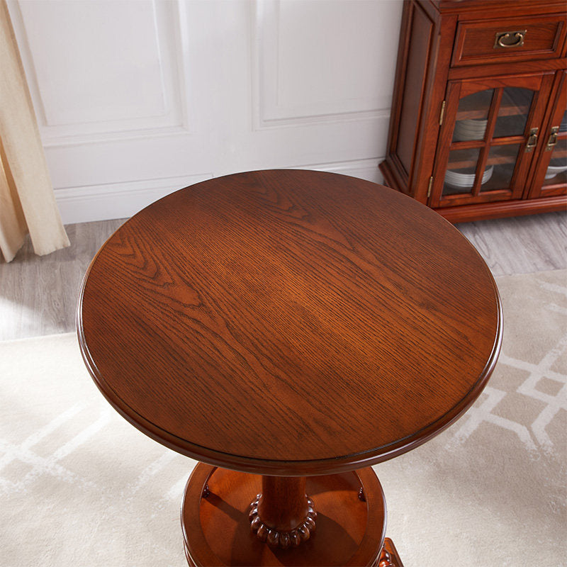Brown Solid Wood Round Bar Table, Carved Pedestal, 24 Inch