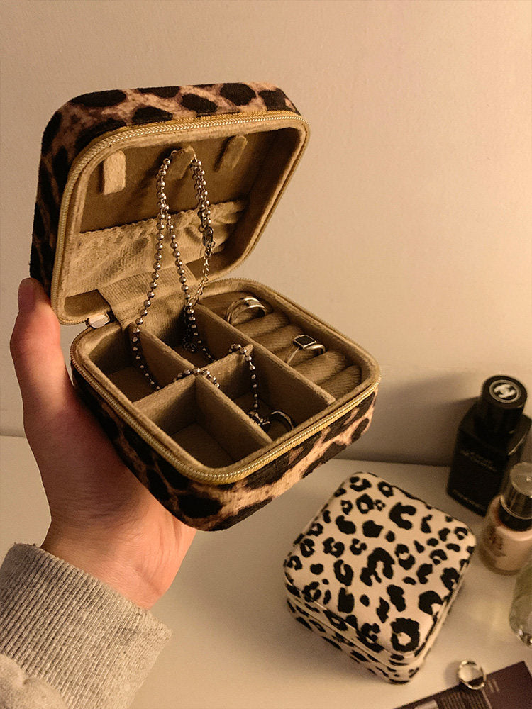 Set of 2 Leopard and Cow Print Travel Jewelry Boxes with Ring Slots
