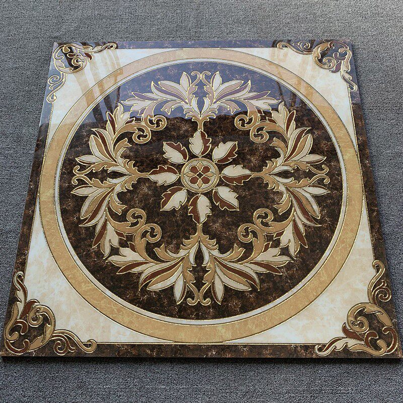 Luxury European Medallion Porcelain Floor Tile Marble Look Decorative Inlay Ceramic Tile Glossy Entrance Lobby Flooring for Villa Hotel Living Room 31.5 Inch