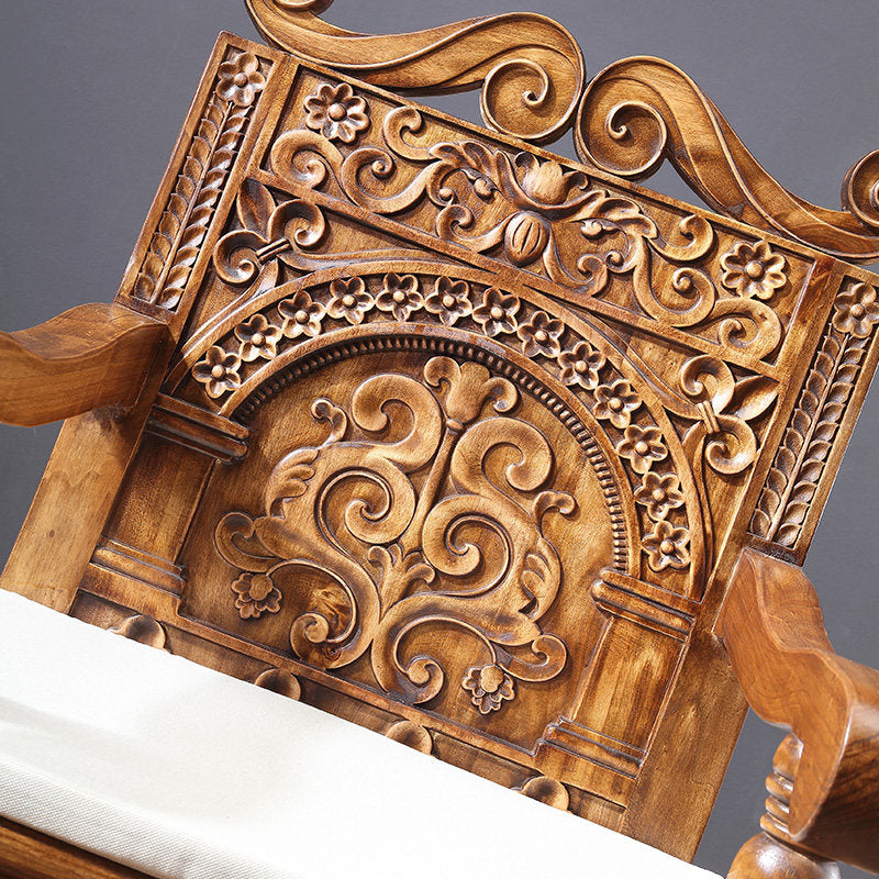 Camel Brown Solid Ash Wood Carved Armchair with Ivory Seat Cushion, Southeast Asian-Inspired High Back Accent Dining Chair for Living Room, Foyer, Bedroom and Hotel