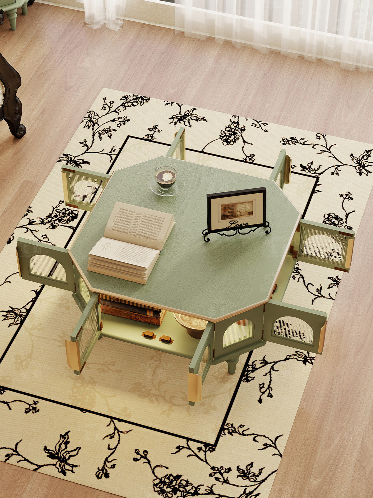 Moss Green Hexagon Coffee Table with Storage Doors, Solid Wood Frame