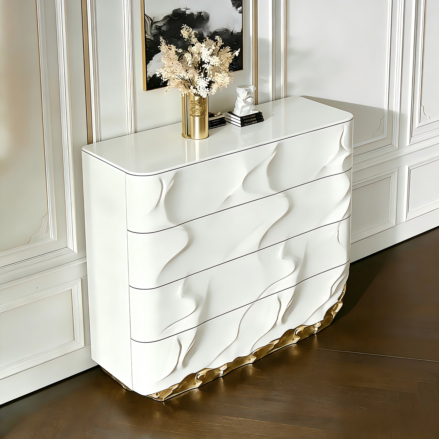 White and Gold 4 Drawer Chest, Modern Luxury Storage Cabinet with Sculpted Wave Front, Artistic Dresser Cabinet for Bedroom, Dining Room, Living Room, Entryway, Hallway