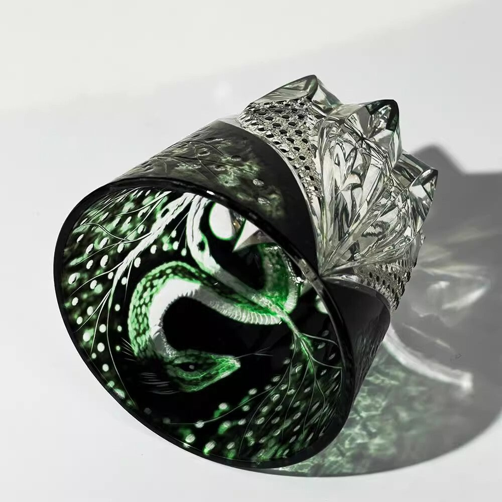 Japanese Cut Glass Style Whiskey Tumbler, Green Snake Pattern Crystal Rocks Glass, Decorative Old Fashioned Cocktail Glass for Bourbon, Scotch, Water, Holiday Gift