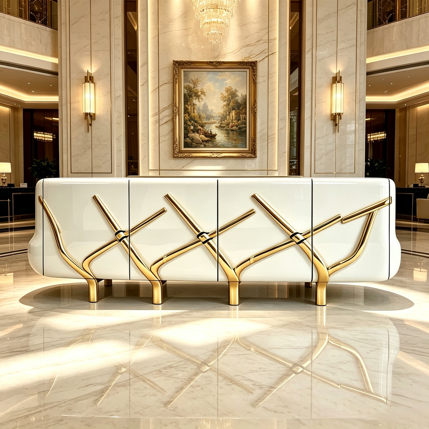 Glossy White and Gold Sideboard Cabinet, Modern Storage Credenza with Branch-Inspired Metal Accents, Luxury Buffet Cabinet for Dining Room, Living Room, Entryway, Hallway, Foyer