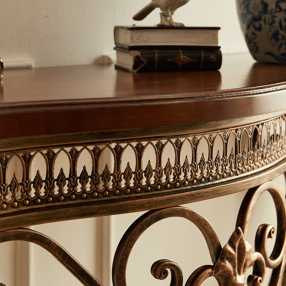 Antique Brown and Gold Demilune Console Table, Birch Wood Top with Ornate Wrought Iron Scroll Frame, Narrow Half-Moon Entryway Table for Foyer, Hallway, Living Room and Dining Room