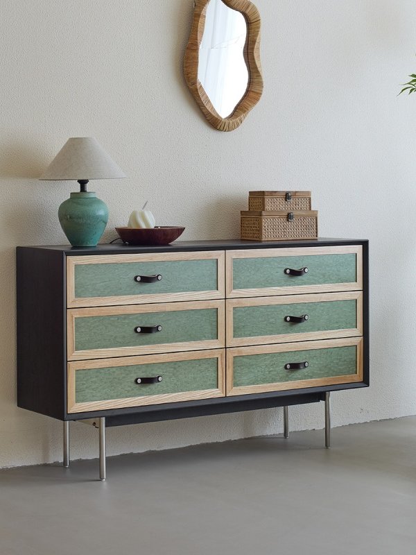 Six Drawer Dresser Cabinet, Green and Natural Wood Storage Chest with Metal Legs, Modern Accent Cabinet for Bedroom, Living Room, Entryway, Hallway, Closet, and Apartment Storage
