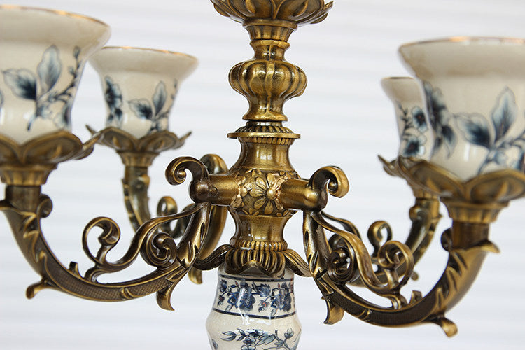 5-Arm Ceramic Candelabra with Antique Gold Metal Base, Decorative Candle Holder Centerpiece for Dining Table, Mantel, Wedding, Living Room & Entryway, Blue Floral Porcelain Design